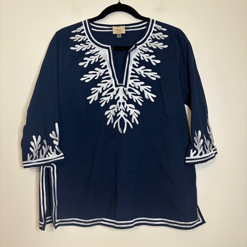 Elie Tahari Womens Tunic Top M/M Navy Blue Silver Embellished 3/4 Sleeve